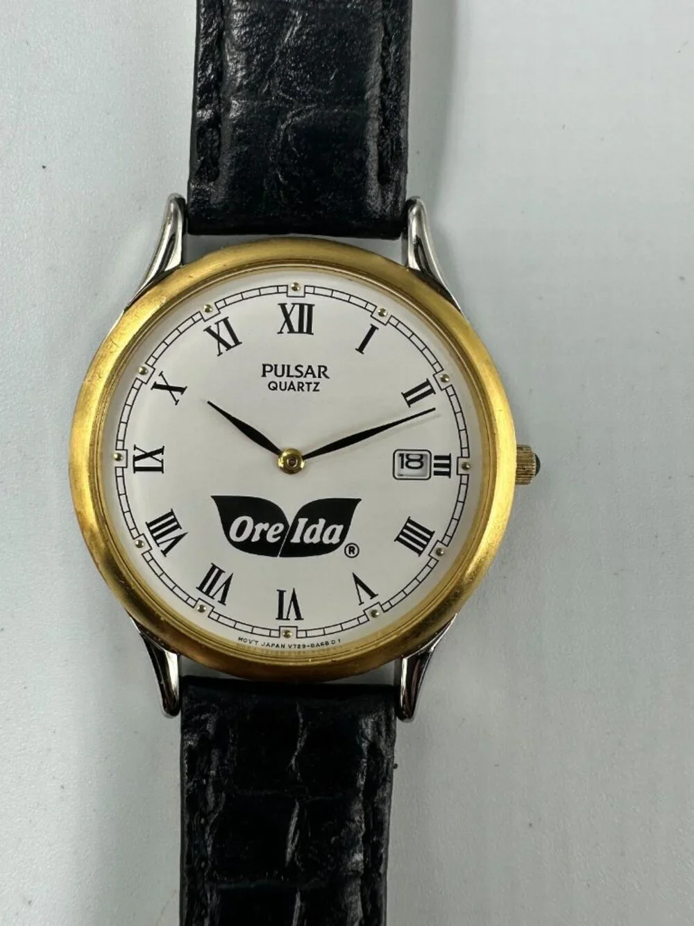 Vintage Pulsar Watch Men Gold Tone Ore Ida Logo Black Leather Band